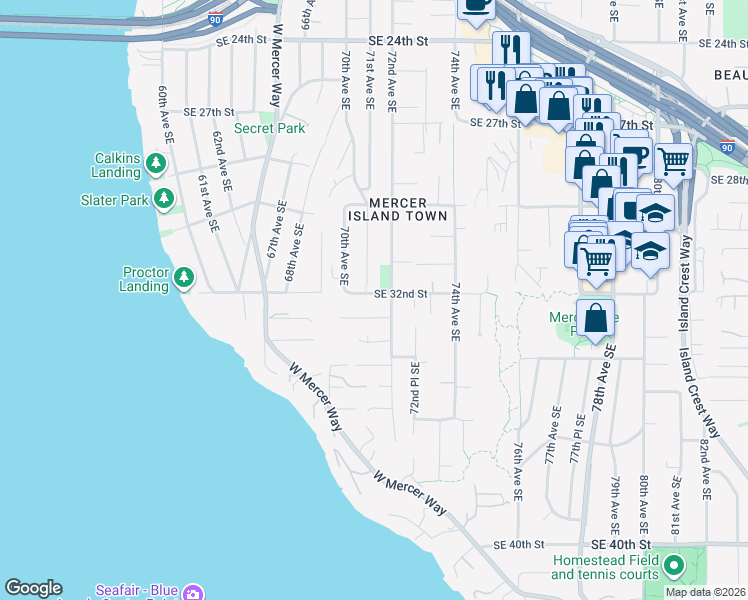 map of restaurants, bars, coffee shops, grocery stores, and more near 6940 Southeast 33rd Street in Mercer Island