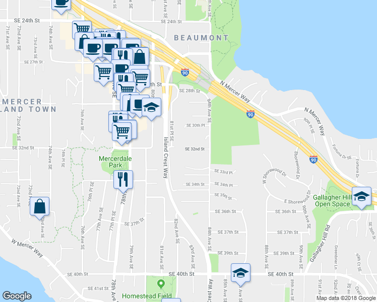 map of restaurants, bars, coffee shops, grocery stores, and more near 3205 84th Avenue Southeast in Mercer Island
