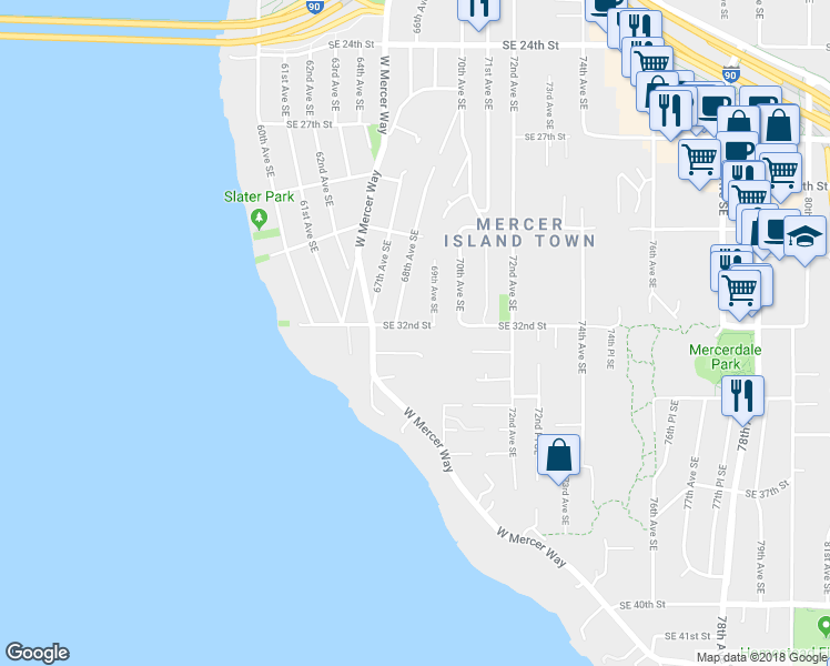 map of restaurants, bars, coffee shops, grocery stores, and more near 6819 Southeast 32nd Street in Mercer Island