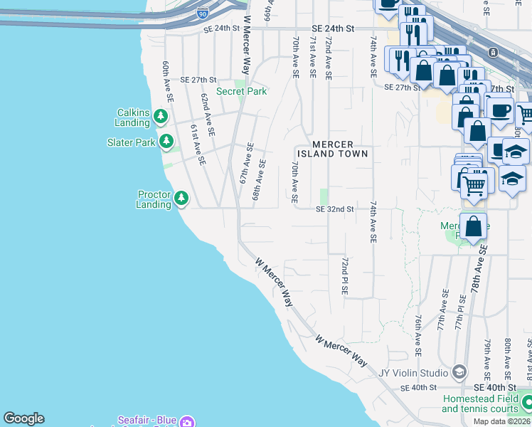 map of restaurants, bars, coffee shops, grocery stores, and more near 6819 Southeast 32nd Street in Mercer Island