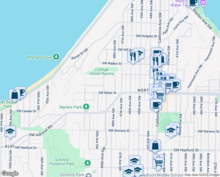 map of restaurants, bars, coffee shops, grocery stores, and more near 2348 1/2 49th Avenue Southwest in Seattle