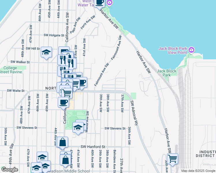 map of restaurants, bars, coffee shops, grocery stores, and more near 3781 Southwest Grayson Street in Seattle