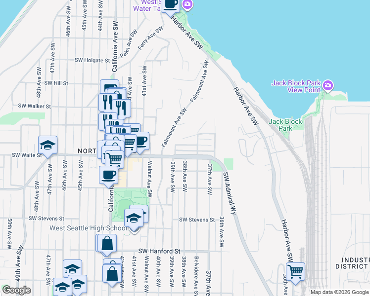 map of restaurants, bars, coffee shops, grocery stores, and more near 3781 Southwest Grayson Street in Seattle