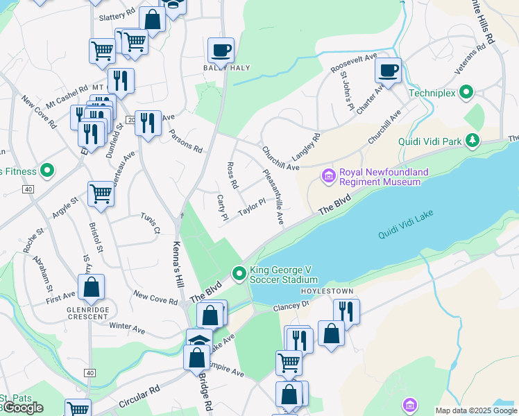 map of restaurants, bars, coffee shops, grocery stores, and more near 9 Taylor Place in St. John's