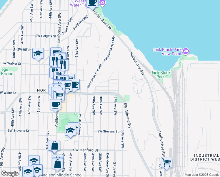 map of restaurants, bars, coffee shops, grocery stores, and more near 3729 Southwest Grayson Street in Seattle