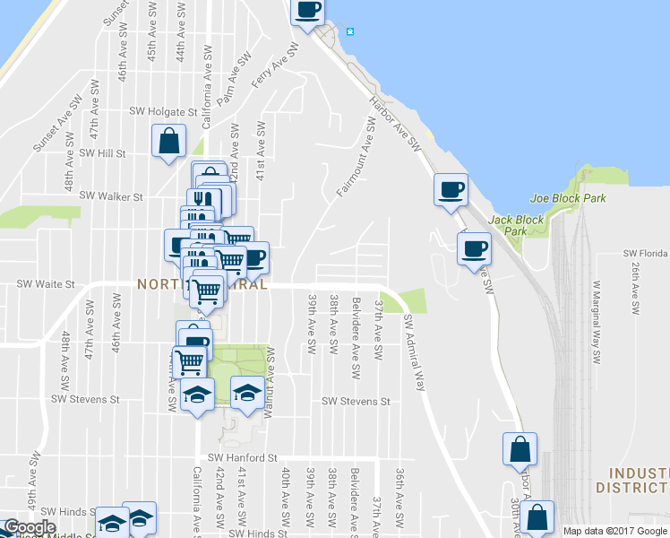 map of restaurants, bars, coffee shops, grocery stores, and more near 3781 Southwest Grayson Street in Seattle