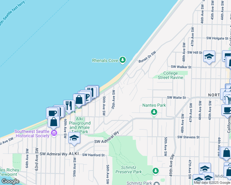 map of restaurants, bars, coffee shops, grocery stores, and more near 2425 55th Avenue Southwest in Seattle