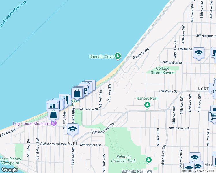 map of restaurants, bars, coffee shops, grocery stores, and more near 2427 55th Avenue Southwest in Seattle
