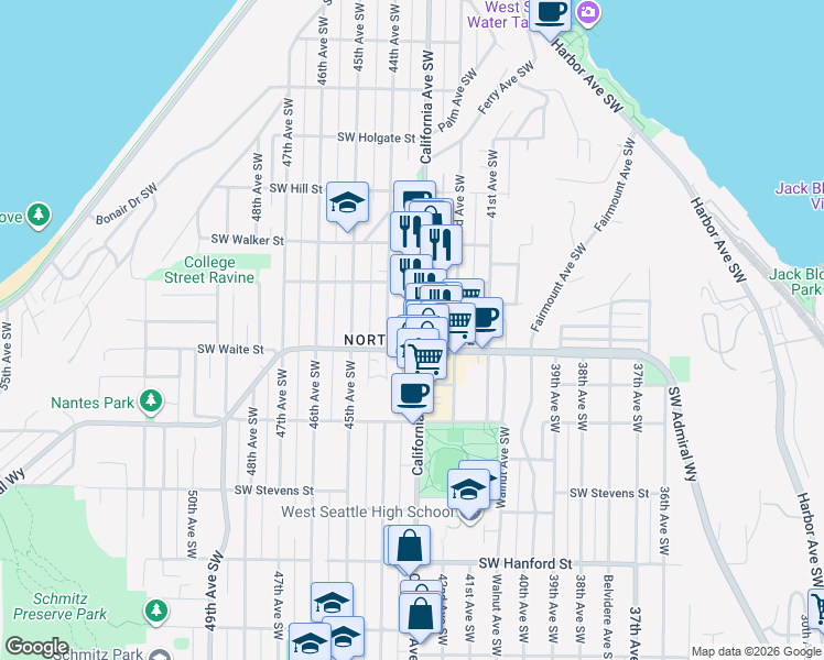 map of restaurants, bars, coffee shops, grocery stores, and more near 2343 California Avenue Southwest in Seattle