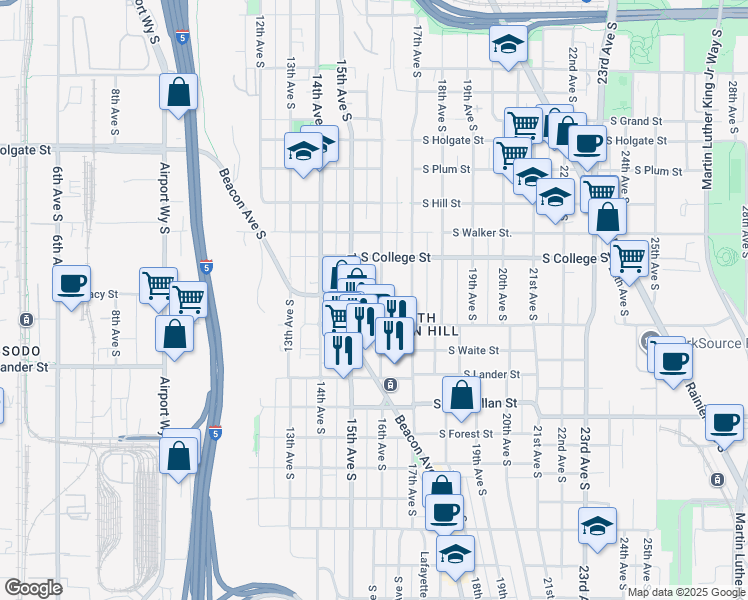 map of restaurants, bars, coffee shops, grocery stores, and more near 2350 15th Avenue South in Seattle