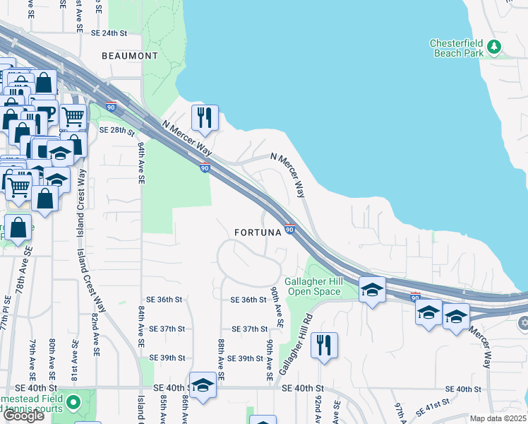 map of restaurants, bars, coffee shops, grocery stores, and more near Shorewood Drive in Mercer Island