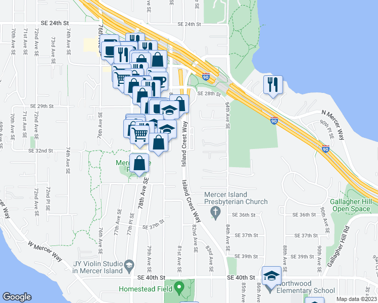 map of restaurants, bars, coffee shops, grocery stores, and more near 3208 81st Place Southeast in Mercer Island