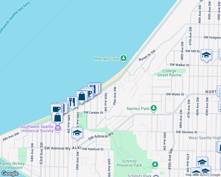 map of restaurants, bars, coffee shops, grocery stores, and more near 2427 55th Avenue Southwest in Seattle