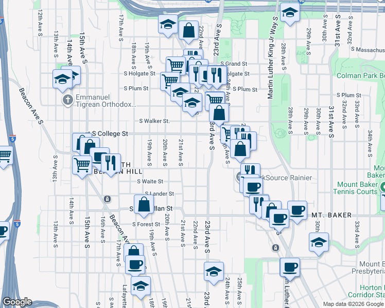 map of restaurants, bars, coffee shops, grocery stores, and more near 2337 22nd Avenue South in Seattle