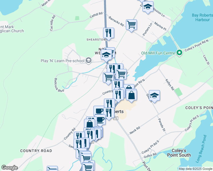 map of restaurants, bars, coffee shops, grocery stores, and more near 4 Brennans Lane in Coley's Point South