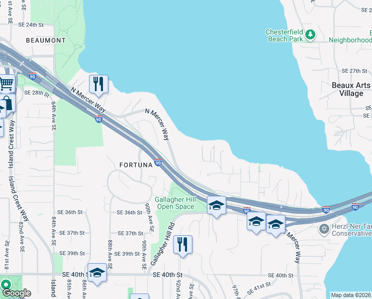 map of restaurants, bars, coffee shops, grocery stores, and more near 9150 Fortuna Drive in Mercer Island