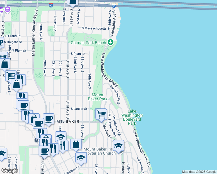 map of restaurants, bars, coffee shops, grocery stores, and more near 2520 Mount Claire Drive South in Seattle