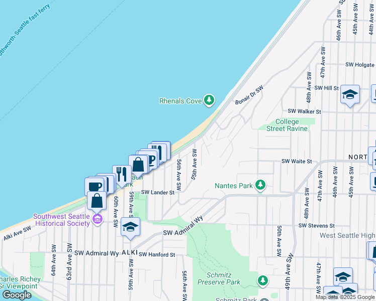 map of restaurants, bars, coffee shops, grocery stores, and more near 2414 Alki Avenue Southwest in Seattle