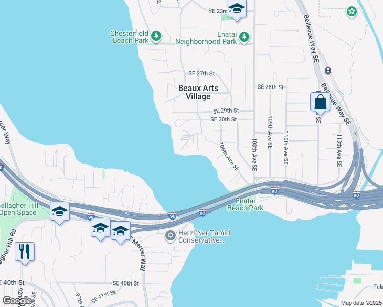 map of restaurants, bars, coffee shops, grocery stores, and more near 17 Enatai Drive in Bellevue