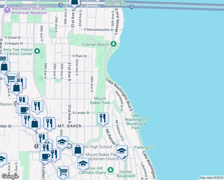 map of restaurants, bars, coffee shops, grocery stores, and more near 2520 Mount Claire Drive South in Seattle