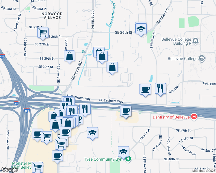 map of restaurants, bars, coffee shops, grocery stores, and more near 13315 Southeast 32nd Street in Bellevue