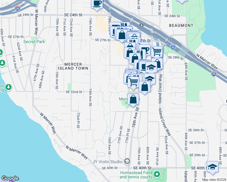 map of restaurants, bars, coffee shops, grocery stores, and more near 3205 77th Avenue Southeast in Mercer Island