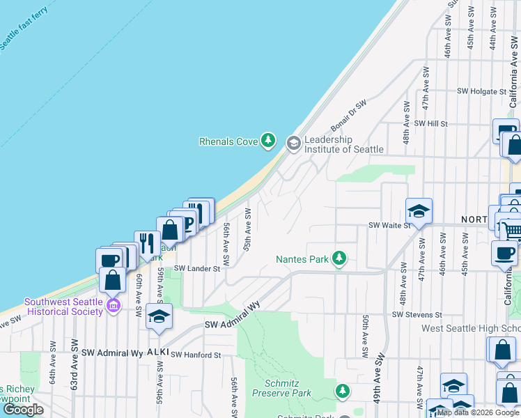 map of restaurants, bars, coffee shops, grocery stores, and more near 2438 Wickstrom Place Southwest in Seattle