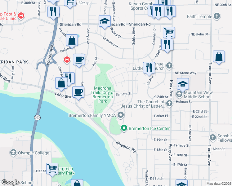 map of restaurants, bars, coffee shops, grocery stores, and more near 2323 Seringa Avenue in Bremerton