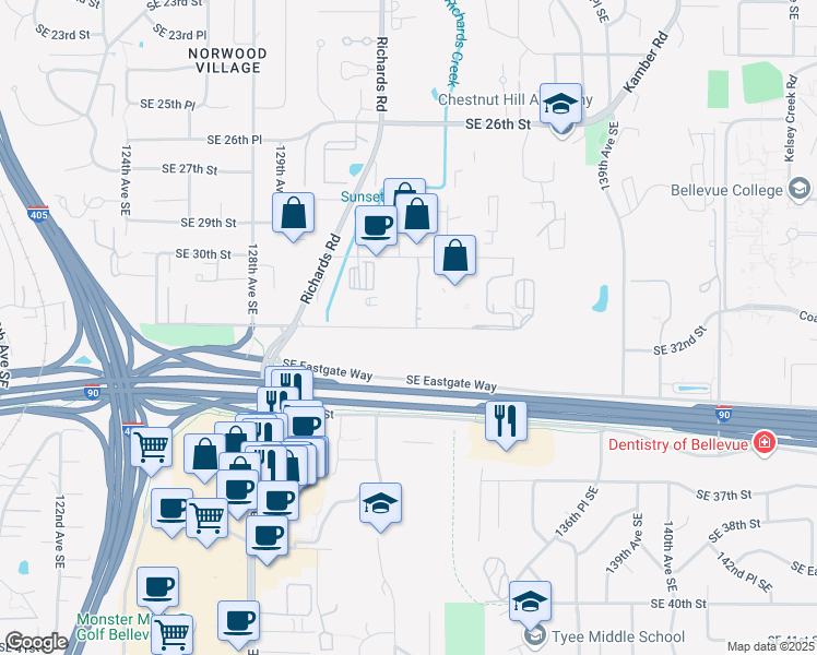 map of restaurants, bars, coffee shops, grocery stores, and more near 13230 Southeast 32nd Street in Bellevue