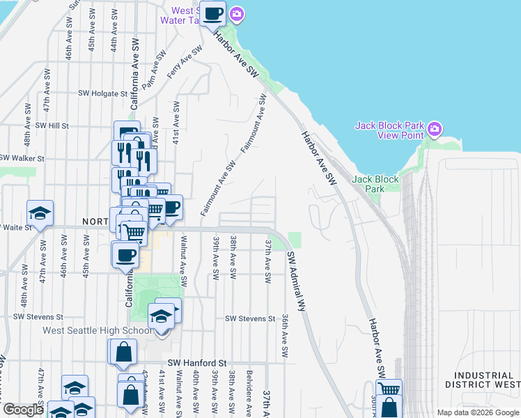 map of restaurants, bars, coffee shops, grocery stores, and more near 3722 Southwest Grayson Street in Seattle