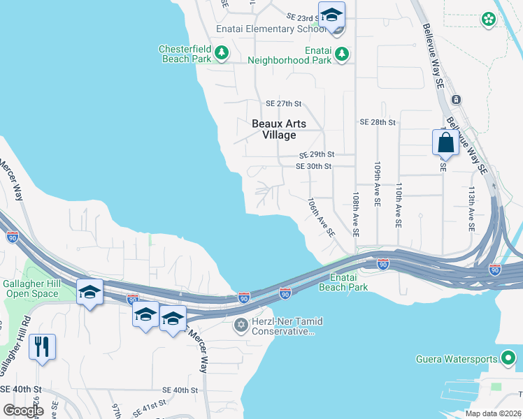 map of restaurants, bars, coffee shops, grocery stores, and more near 16 Enatai Drive in Bellevue