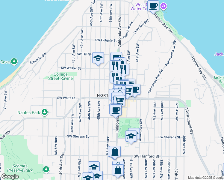 map of restaurants, bars, coffee shops, grocery stores, and more near in Seattle