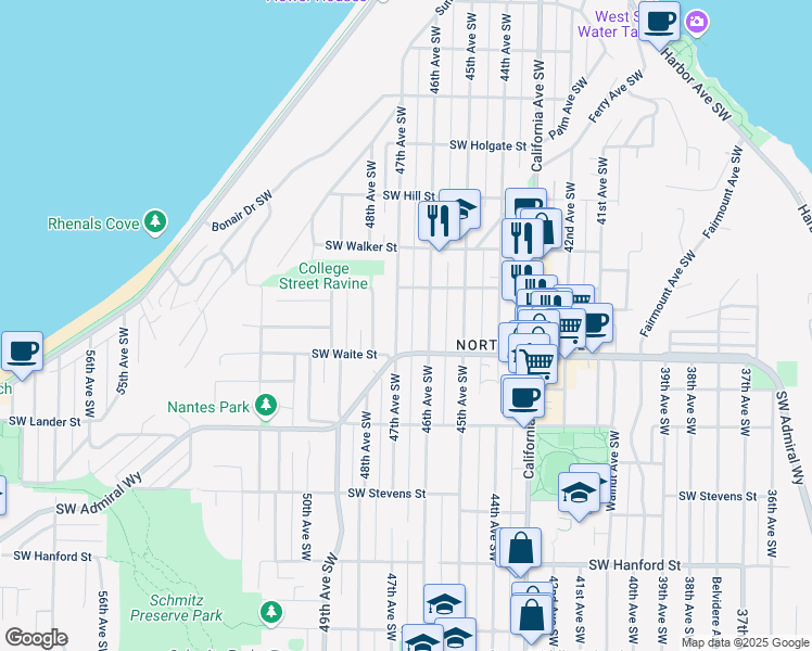 map of restaurants, bars, coffee shops, grocery stores, and more near 4602 Southwest Admiral Way in Seattle