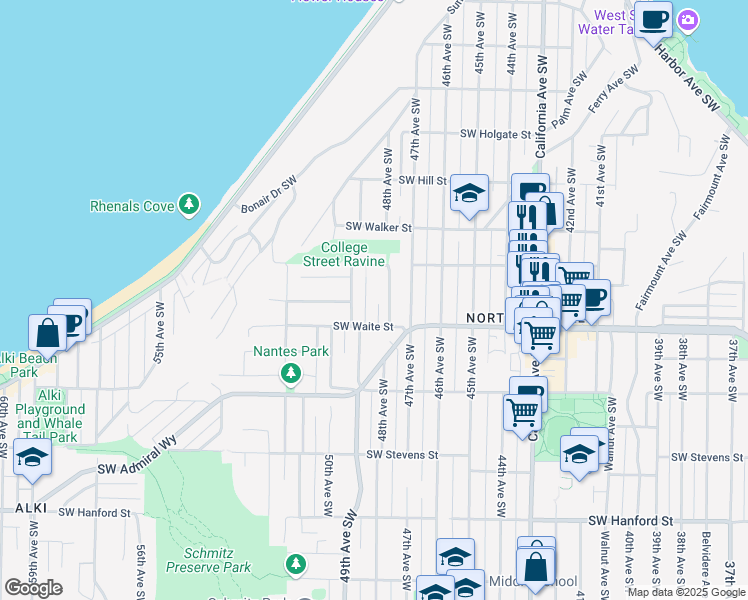 map of restaurants, bars, coffee shops, grocery stores, and more near 4902 Southwest Waite Street in Seattle