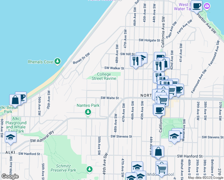 map of restaurants, bars, coffee shops, grocery stores, and more near 4902 Southwest Waite Street in Seattle