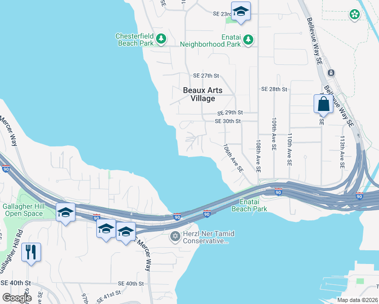 map of restaurants, bars, coffee shops, grocery stores, and more near 17 Enatai Drive in Bellevue