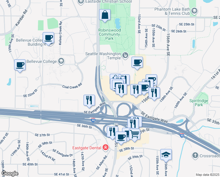 map of restaurants, bars, coffee shops, grocery stores, and more near 15000 Southeast Eastgate Way in Bellevue