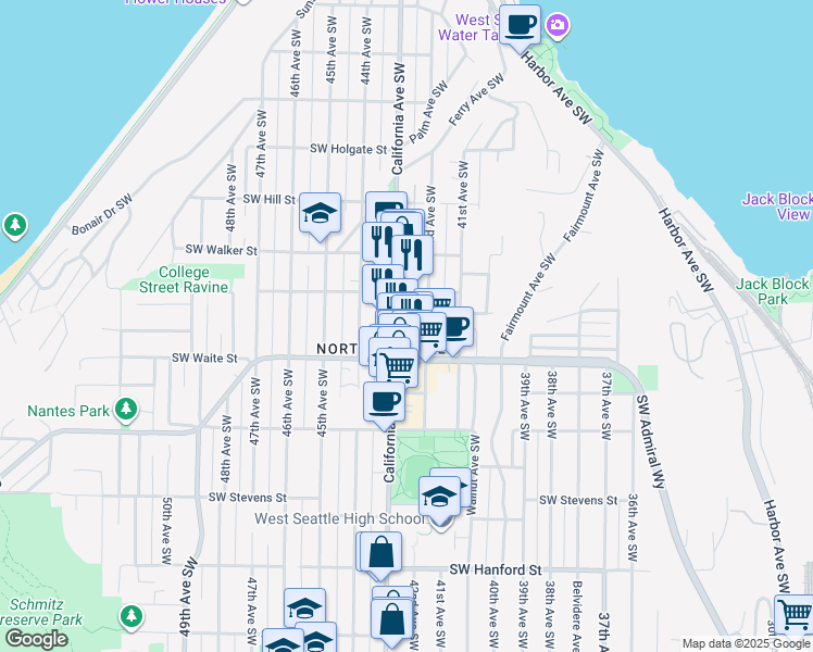 map of restaurants, bars, coffee shops, grocery stores, and more near 2326 California Avenue Southwest in Seattle