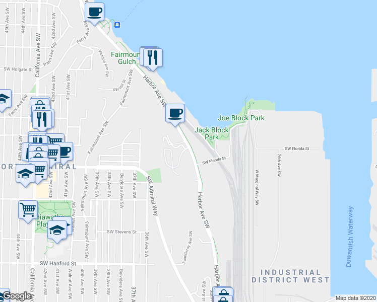 map of restaurants, bars, coffee shops, grocery stores, and more near 2411 Harbor Avenue Southwest in Seattle