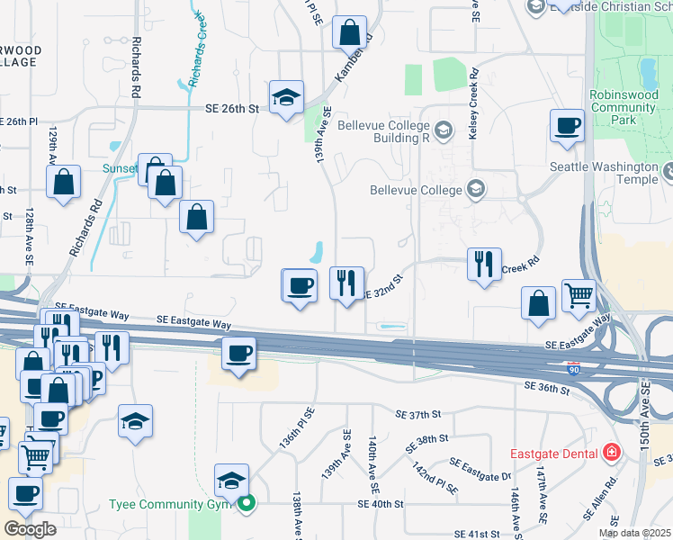 map of restaurants, bars, coffee shops, grocery stores, and more near 13920 Southeast Eastgate Way in Bellevue