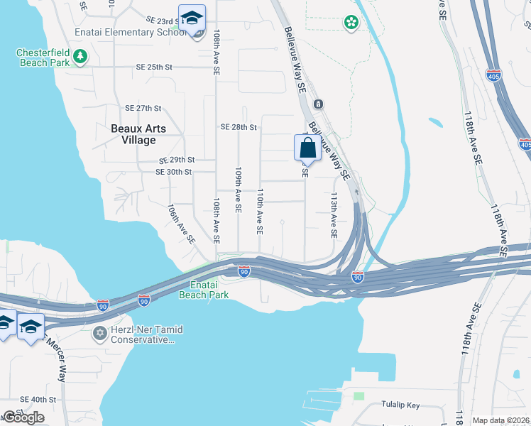 map of restaurants, bars, coffee shops, grocery stores, and more near 3223 111th Avenue Southeast in Bellevue