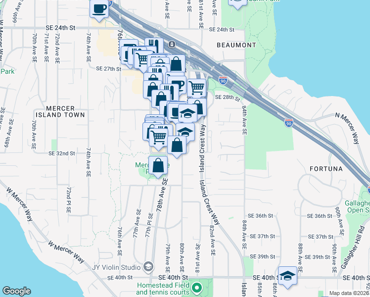 map of restaurants, bars, coffee shops, grocery stores, and more near 3212 80th Avenue Southeast in Mercer Island