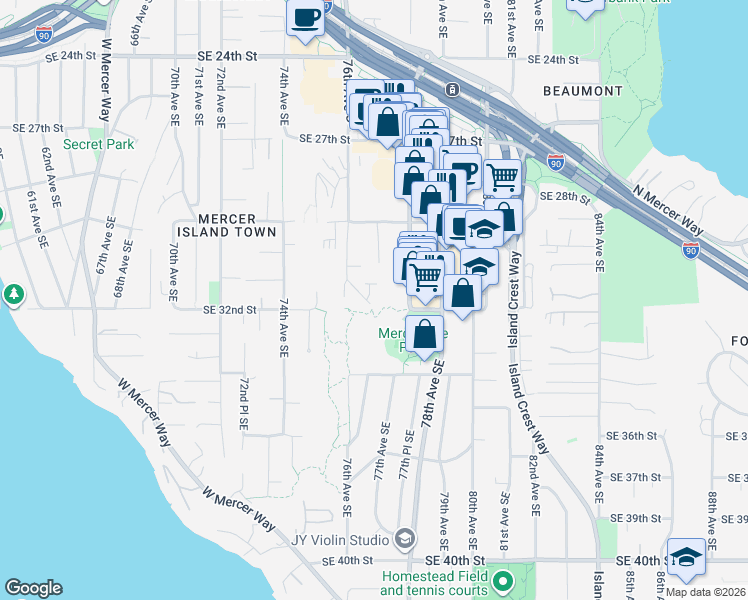 map of restaurants, bars, coffee shops, grocery stores, and more near 3205 77th Avenue Southeast in Mercer Island