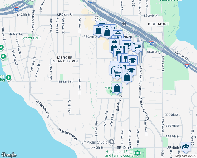 map of restaurants, bars, coffee shops, grocery stores, and more near 2980 76th Avenue Southeast in Mercer Island