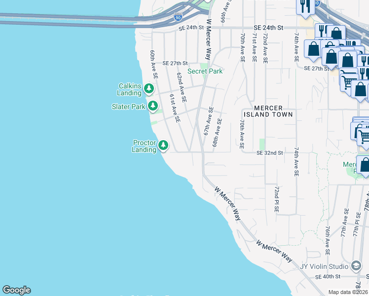 map of restaurants, bars, coffee shops, grocery stores, and more near 6021 Southeast 32nd Street in Mercer Island