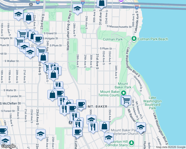 map of restaurants, bars, coffee shops, grocery stores, and more near 2345 31st Avenue South in Seattle