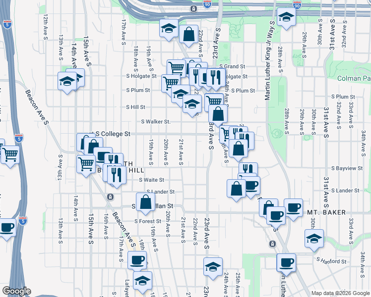 map of restaurants, bars, coffee shops, grocery stores, and more near 2350 21st Avenue South in Seattle