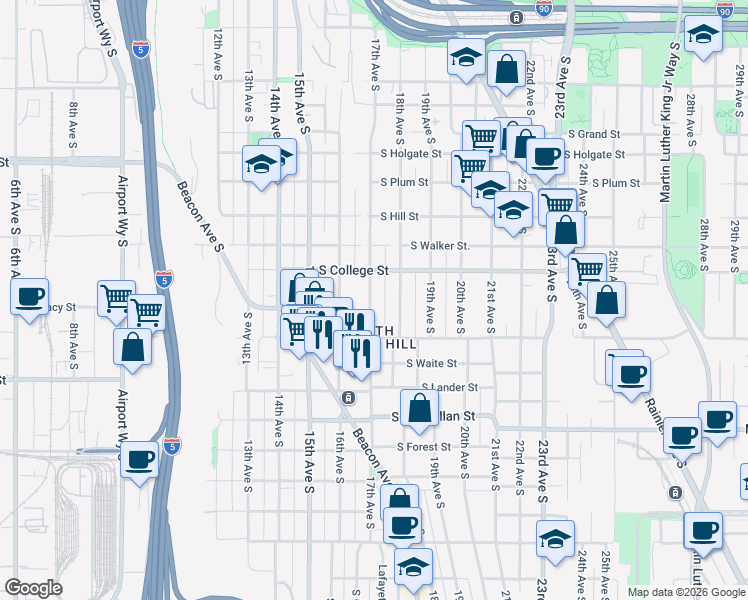 map of restaurants, bars, coffee shops, grocery stores, and more near 2351 18th Avenue South in Seattle