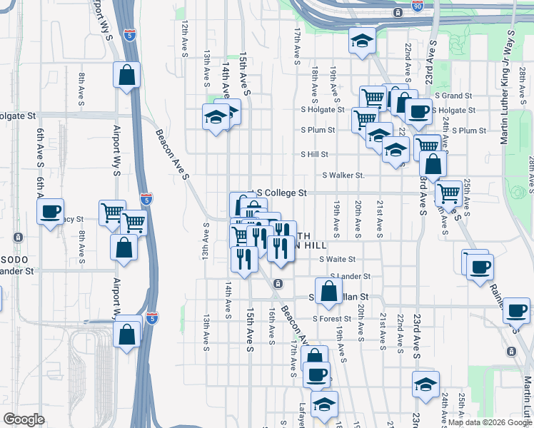 map of restaurants, bars, coffee shops, grocery stores, and more near 2350 15th Avenue South in Seattle