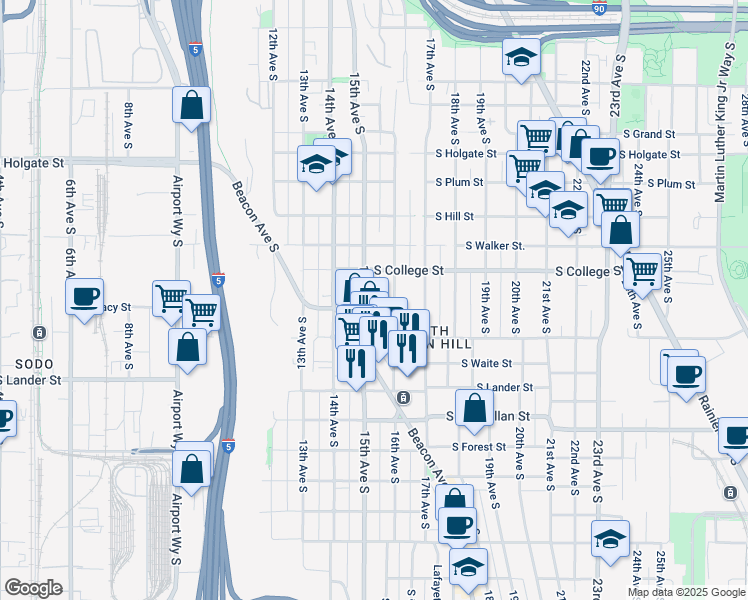 map of restaurants, bars, coffee shops, grocery stores, and more near 2350 15th Avenue South in Seattle
